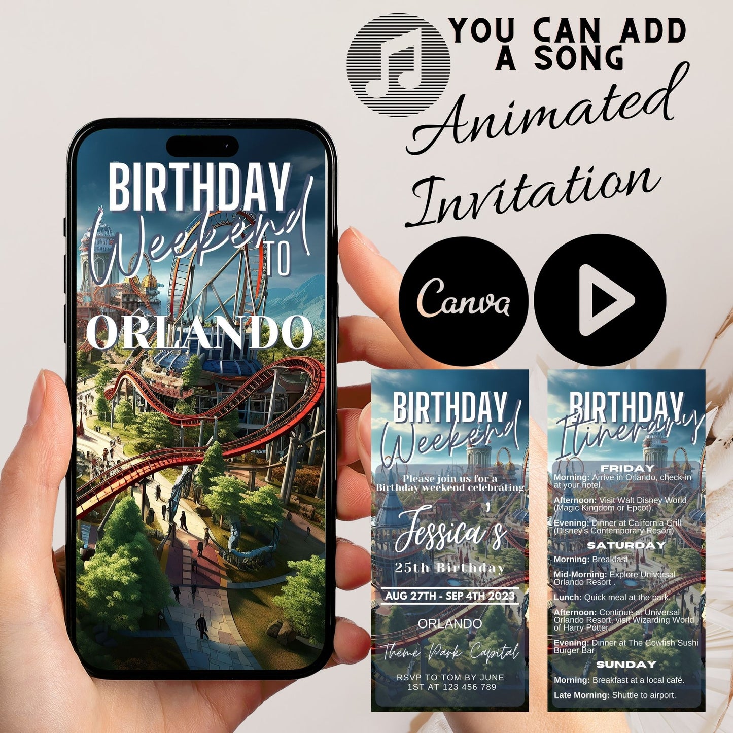 Animated Birthday Weekend Invitation & Itinerary: Theme Park Magic in Orlando