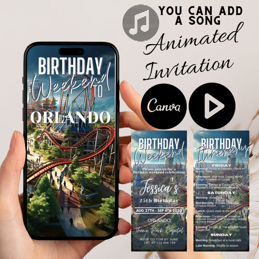 Animated Birthday Weekend Invitation & Itinerary: Theme Park Magic in Orlando