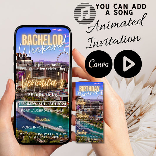 Animated Bachelor/Bachelorette Weekend Party Invitation - Editable with Canva, Includes Itinerary