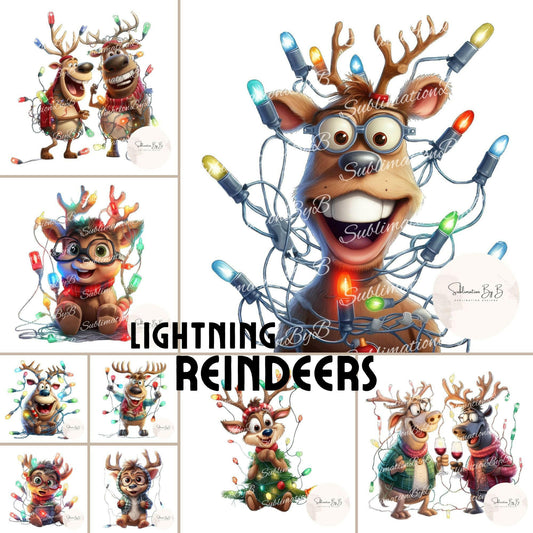 Silly Reindeer Christmas Lights Sublimation Design Bundle