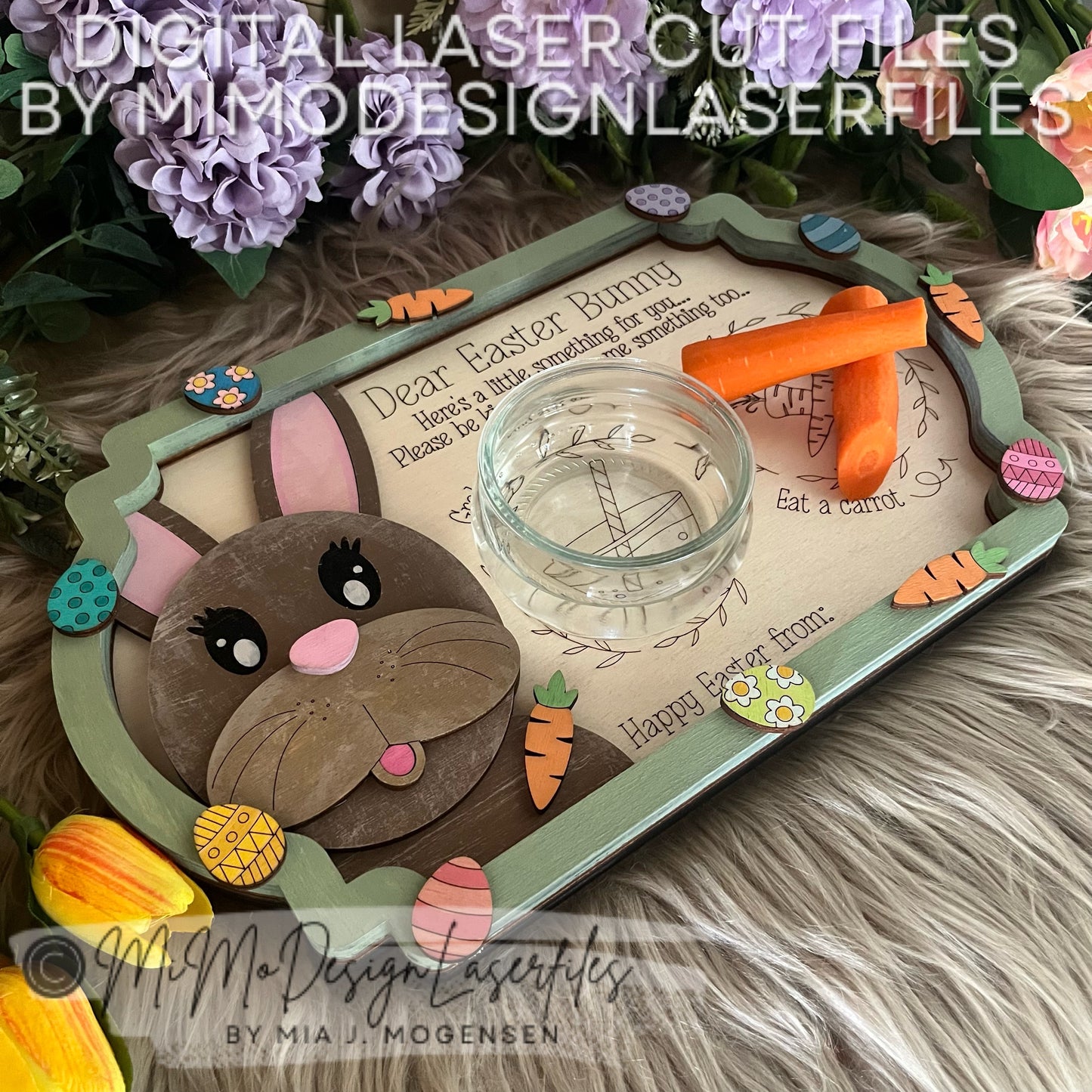 Easter Bunny 3D Treat Tray for drink & carrots, all scored single line design with layered eggs, carrots