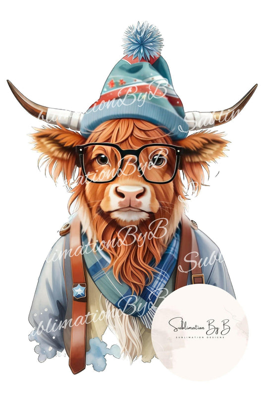 Blue Christmas Highland Cow Sublimation Design - Festive Furry Friend