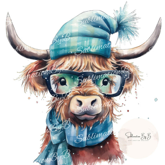 Festive Highland Cow Christmas Sublimation Design - Yuletide Joy