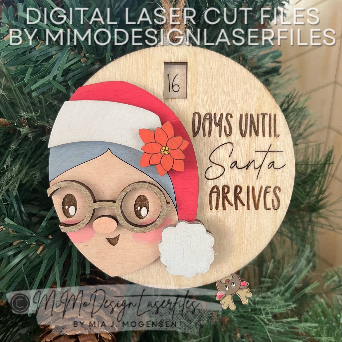 3D Mrs. Santa Countdown to Christmas Ornament | Sliding Reindeer Lever | Easy DIY Laser Cut Files DXF SVG for Glowforge & All Other Lasers