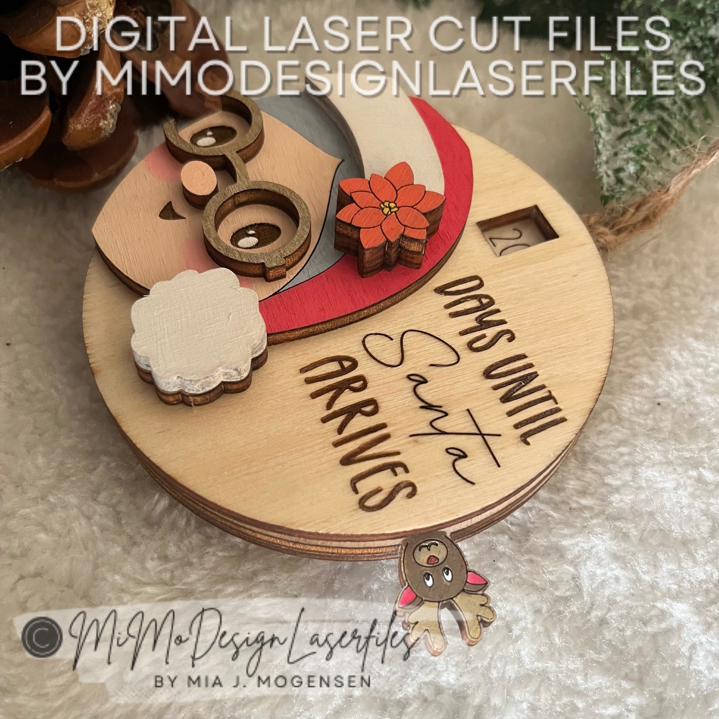 3D Mrs. Santa Countdown to Christmas Ornament | Sliding Reindeer Lever | Easy DIY Laser Cut Files DXF SVG for Glowforge & All Other Lasers