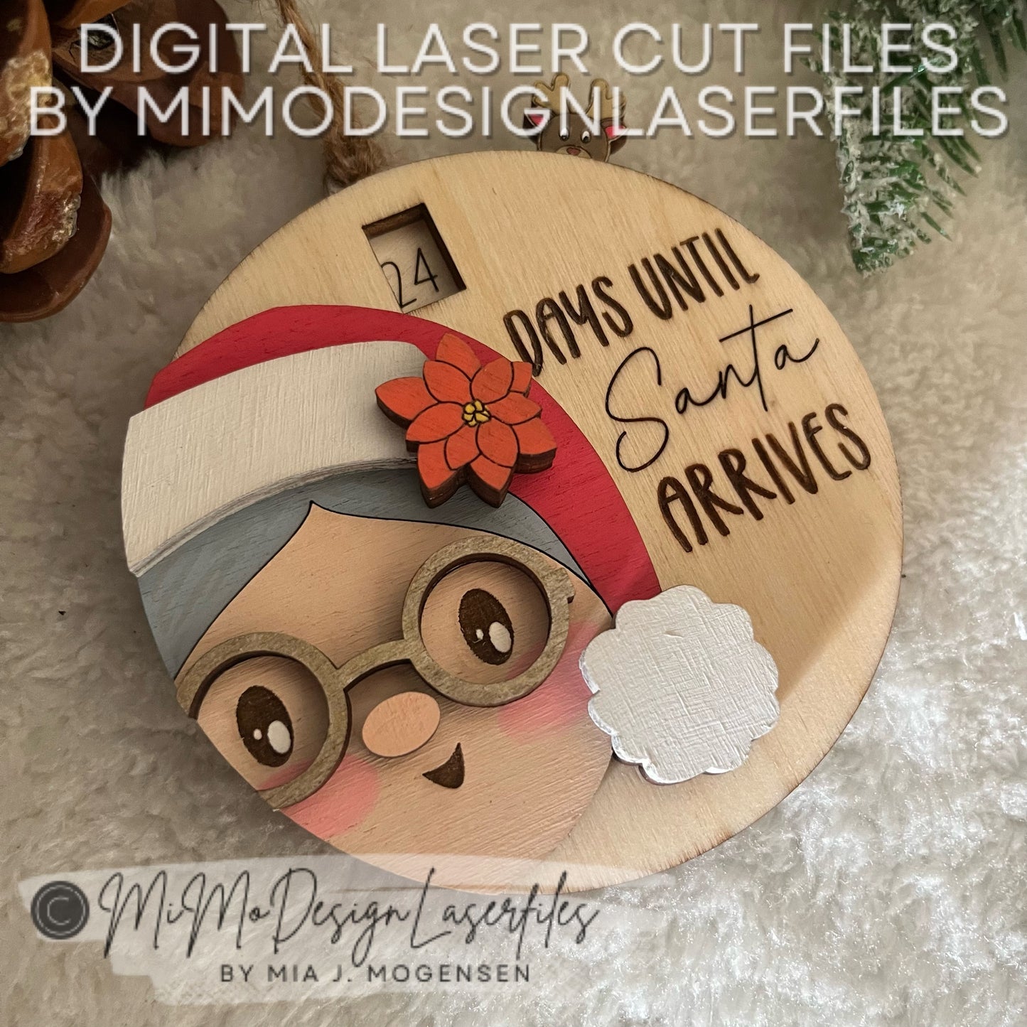 3D Mrs. Santa Countdown to Christmas Ornament | Sliding Reindeer Lever | Easy DIY Laser Cut Files DXF SVG for Glowforge & All Other Lasers