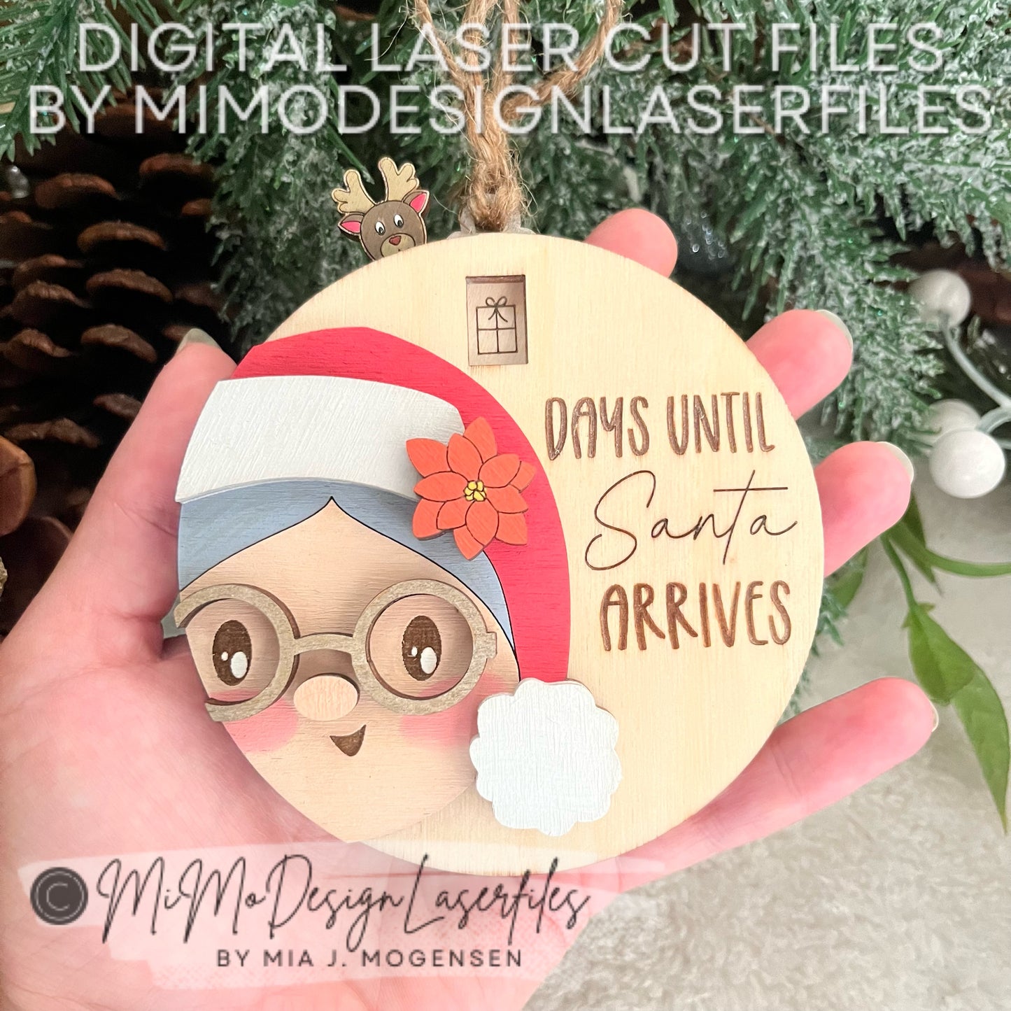 3D Mrs. Santa Countdown to Christmas Ornament | Sliding Reindeer Lever | Easy DIY Laser Cut Files DXF SVG for Glowforge & All Other Lasers