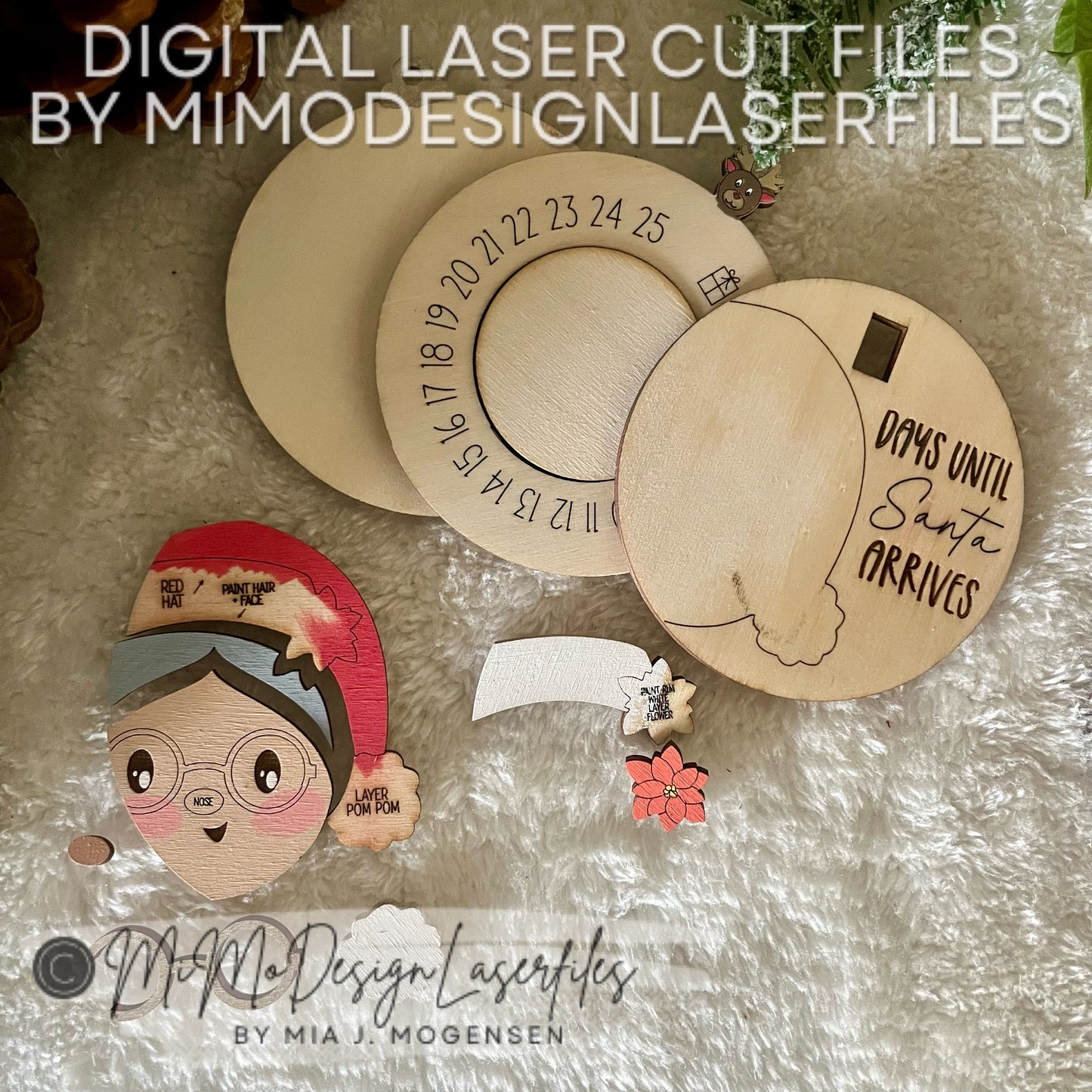 3D Mrs. Santa Countdown to Christmas Ornament | Sliding Reindeer Lever | Easy DIY Laser Cut Files DXF SVG for Glowforge & All Other Lasers