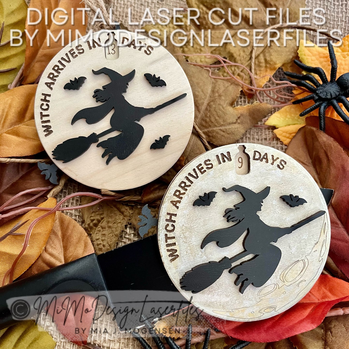 Halloween Countdown Ornament or Magnet – Witch Flying Over Moon Design with Bat Lever | Laser Cut Files for Glowforge & More (SVG, DXF)