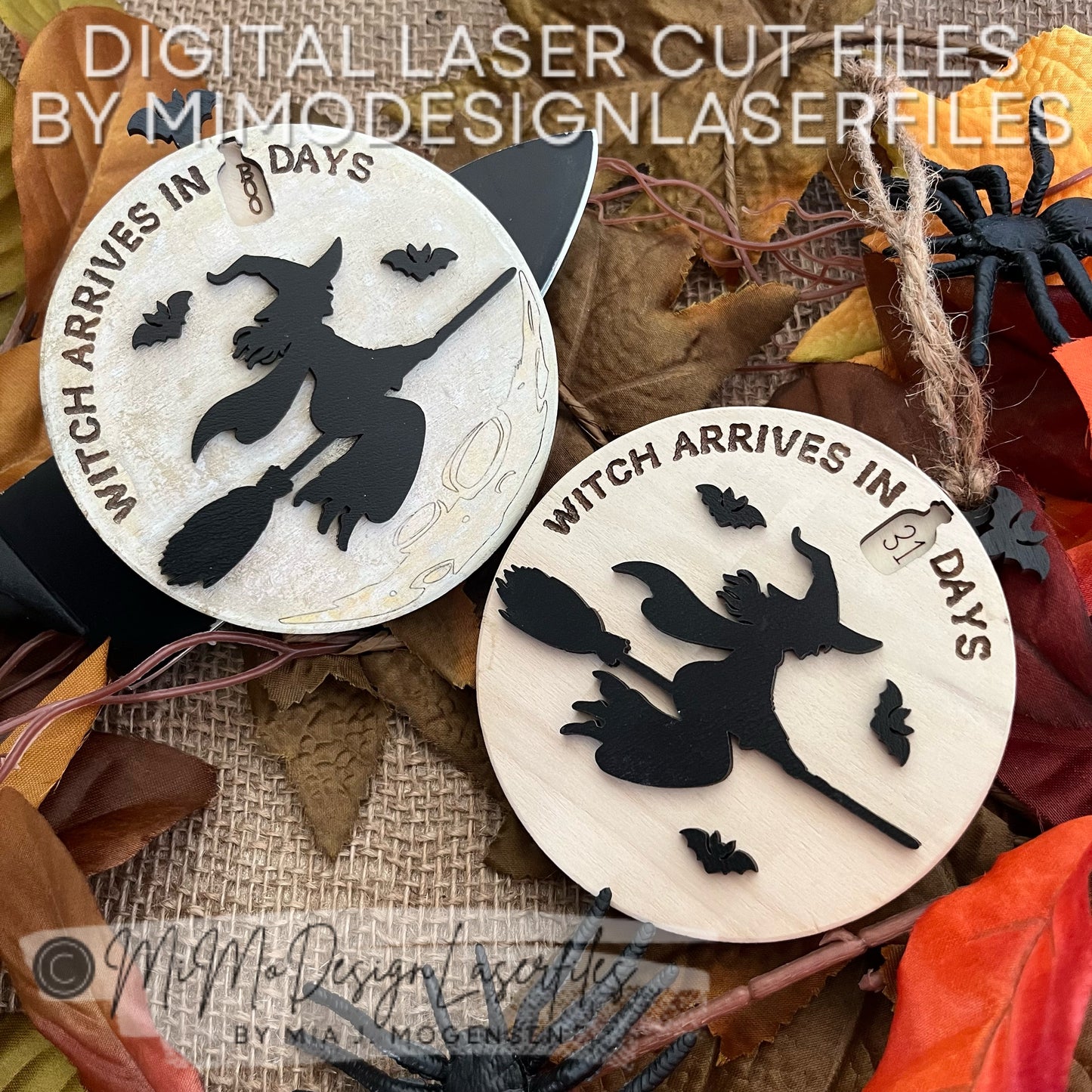 Halloween Countdown Ornament or Magnet – Witch Flying Over Moon Design with Bat Lever | Laser Cut Files for Glowforge & More (SVG, DXF)