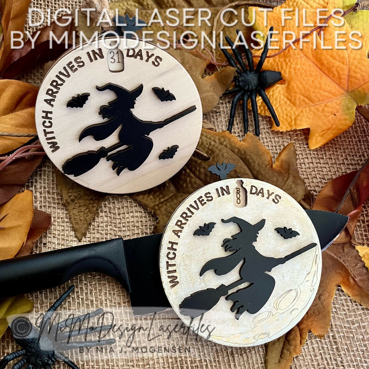 Halloween Countdown Ornament or Magnet – Witch Flying Over Moon Design with Bat Lever | Laser Cut Files for Glowforge & More (SVG, DXF)