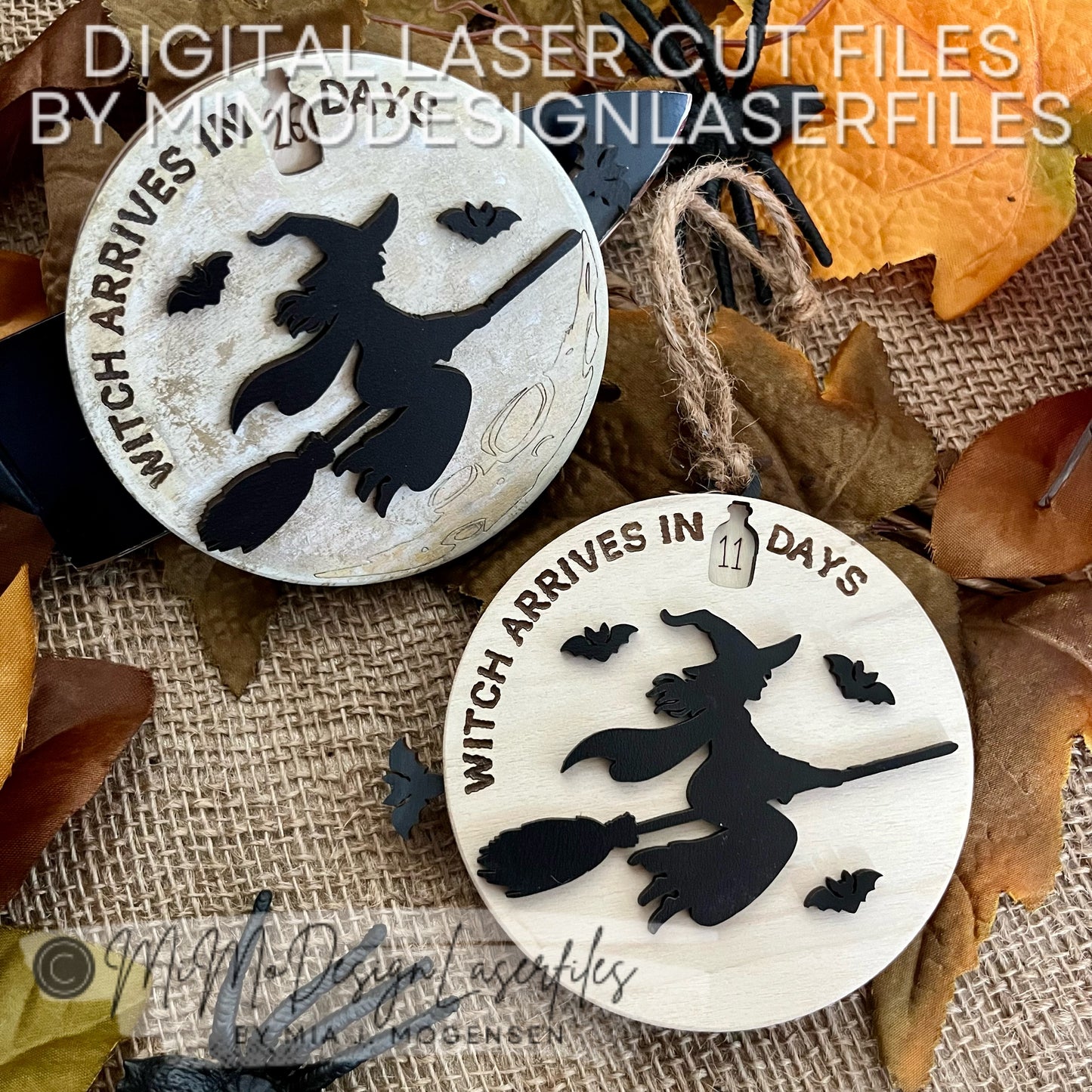 Halloween Countdown Ornament or Magnet – Witch Flying Over Moon Design with Bat Lever | Laser Cut Files for Glowforge & More (SVG, DXF)