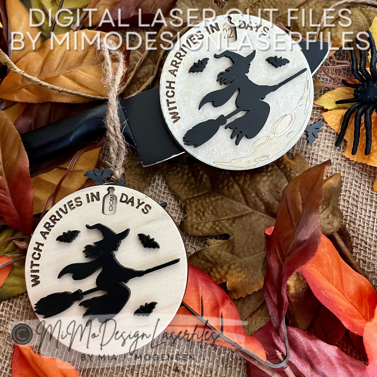 Halloween Countdown Ornament or Magnet – Witch Flying Over Moon Design with Bat Lever | Laser Cut Files for Glowforge & More (SVG, DXF)