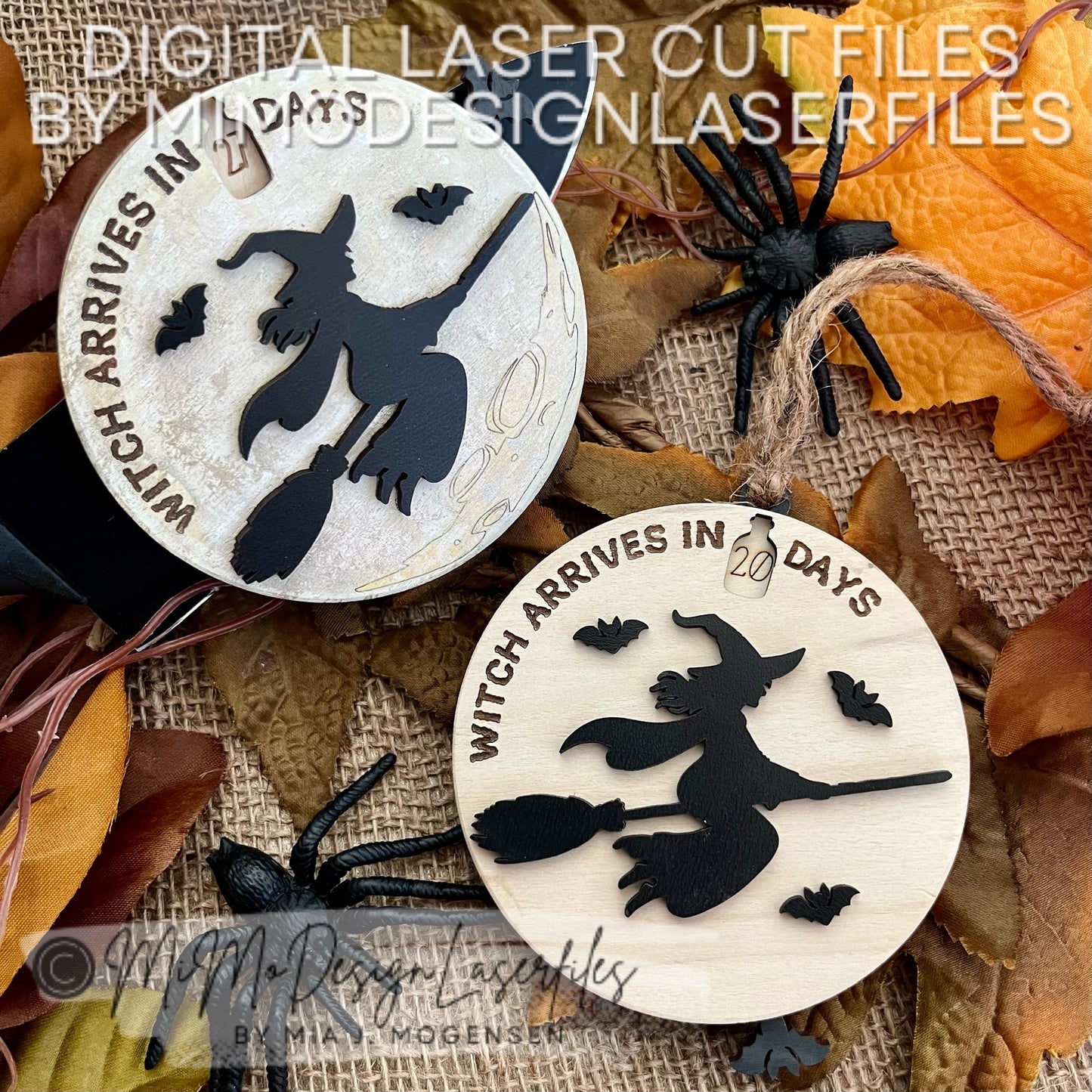 Halloween Countdown Ornament or Magnet – Witch Flying Over Moon Design with Bat Lever | Laser Cut Files for Glowforge & More (SVG, DXF)