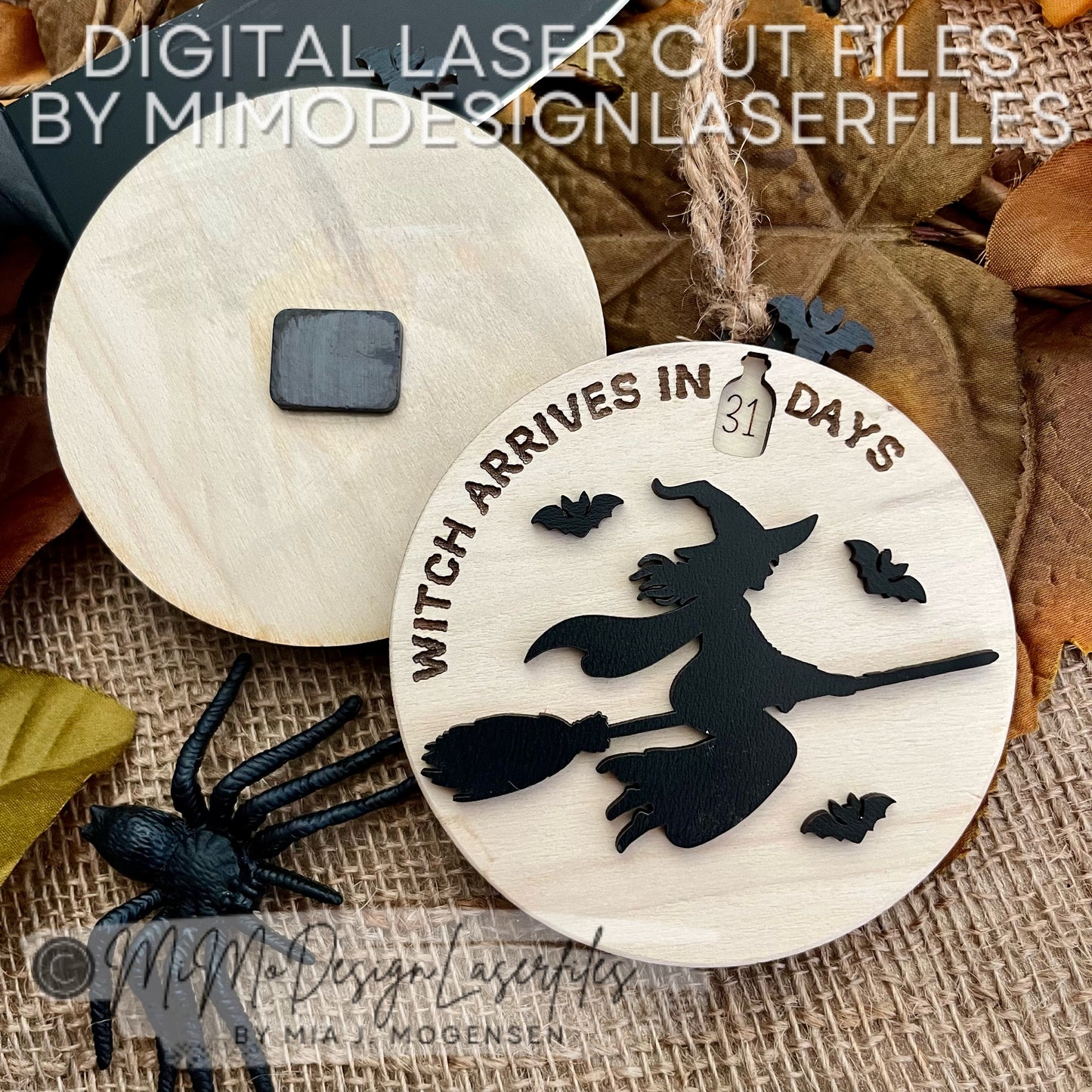 Halloween Countdown Ornament or Magnet – Witch Flying Over Moon Design with Bat Lever | Laser Cut Files for Glowforge & More (SVG, DXF)