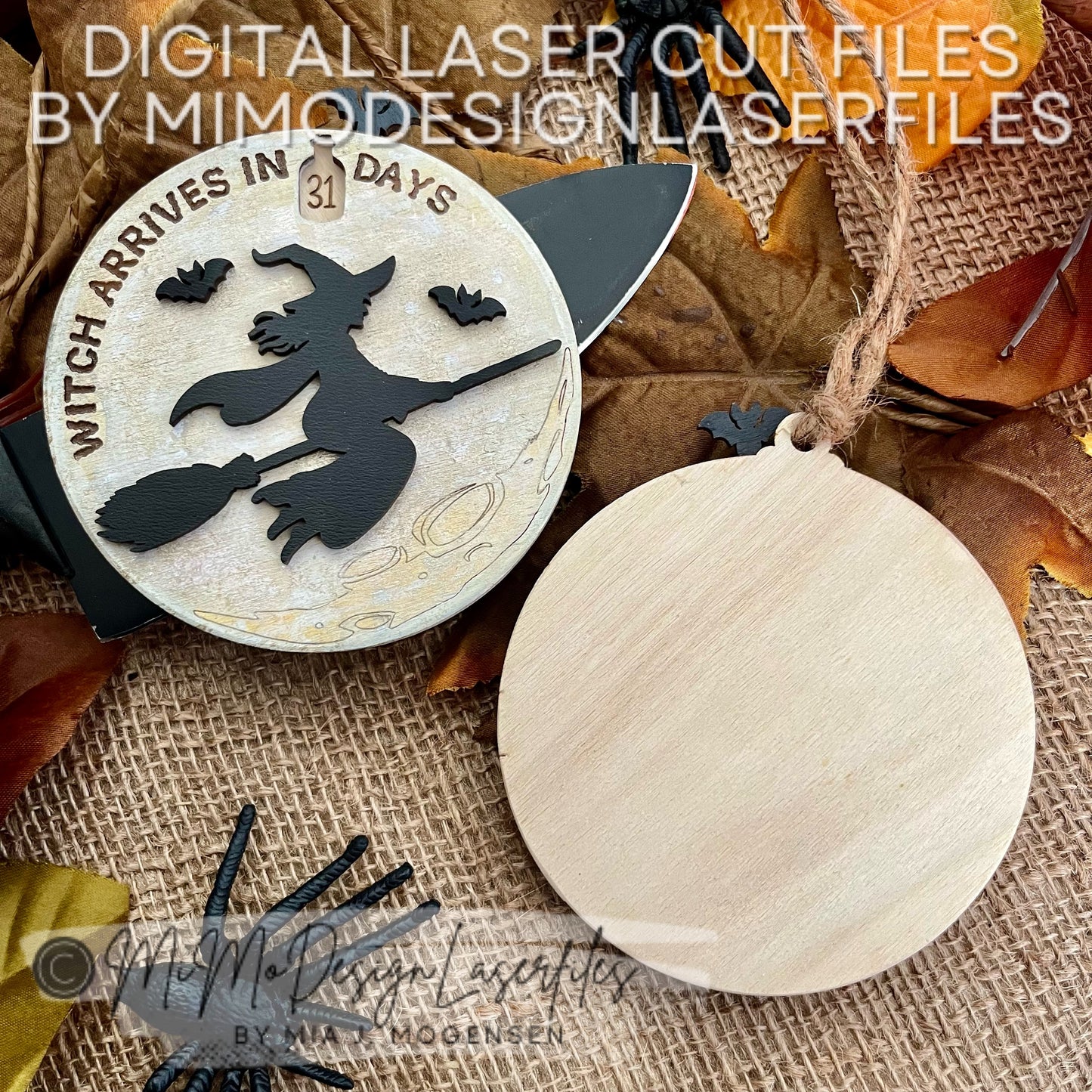 Halloween Countdown Ornament or Magnet – Witch Flying Over Moon Design with Bat Lever | Laser Cut Files for Glowforge & More (SVG, DXF)