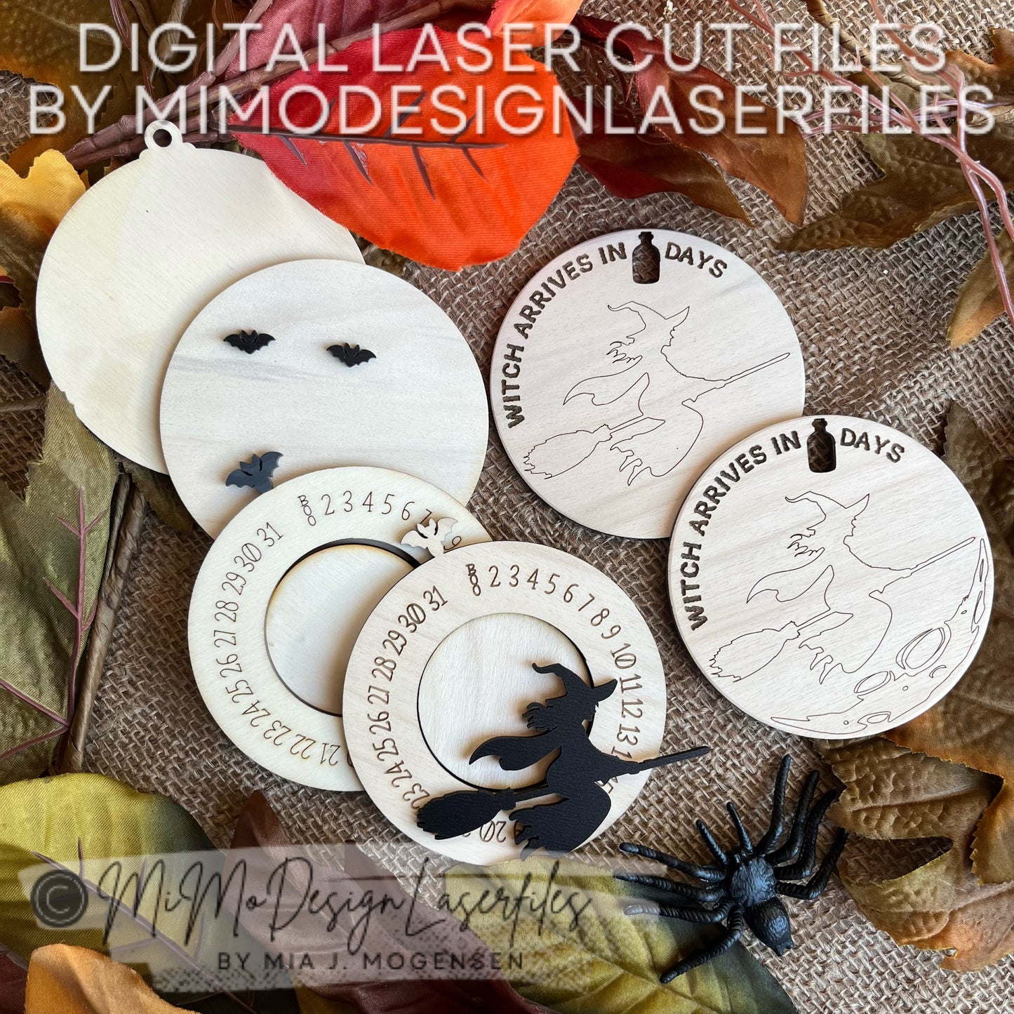 Halloween Countdown Ornament or Magnet – Witch Flying Over Moon Design with Bat Lever | Laser Cut Files for Glowforge & More (SVG, DXF)