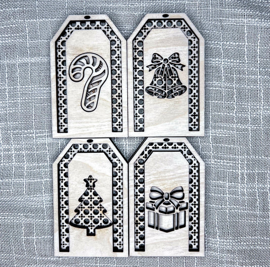 Mix & Match Rattan-Background Gift Tags - Set of 4 Designs: Tree, Bells, Candy Cane, Gift