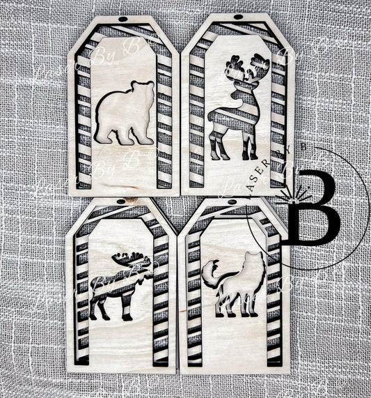 Wildlife Stripe Pattern Gift Tag Set - Reindeer, Moose, Wolf, Bear Designs