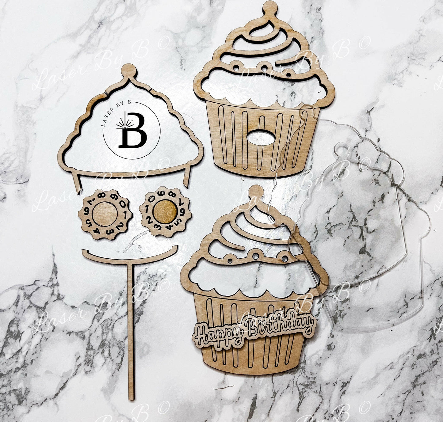 CupCake Shaker Cake Topper, Laser File - Adjustable Age, Reusable, Personalizable with Name