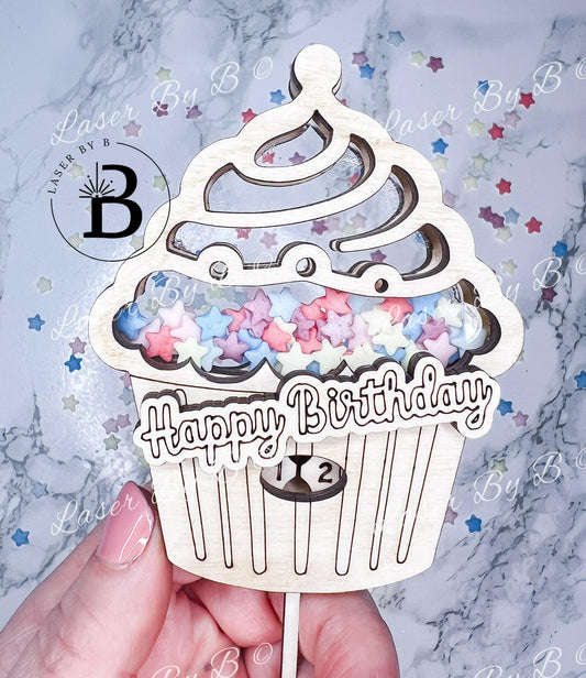 CupCake Shaker Cake Topper, Laser File - Adjustable Age, Reusable, Personalizable with Name