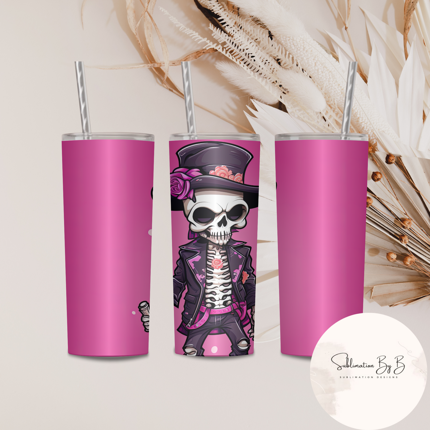 Playful Pink Halloween Skeleton Tumbler Design: Add a Spooky Twist!