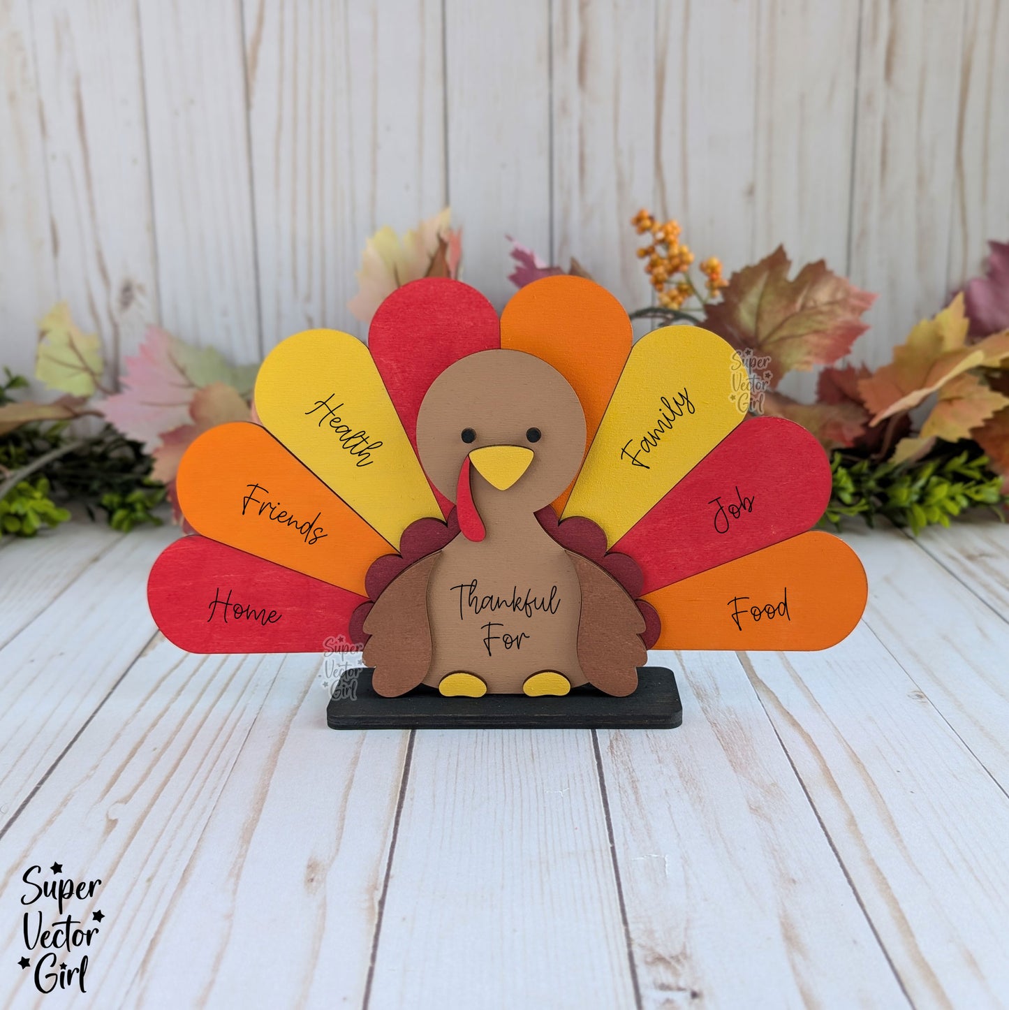 Thankful Turkey With Removable Feathers, Family Turkey, Table Seating Place Name Cards, SVG, Digital Laser Cut File files, Cute Turkey, Happy Thanksgiving Table Decoration Sign, Fall Home Decor, Shelf Sitter, Craft for Kids