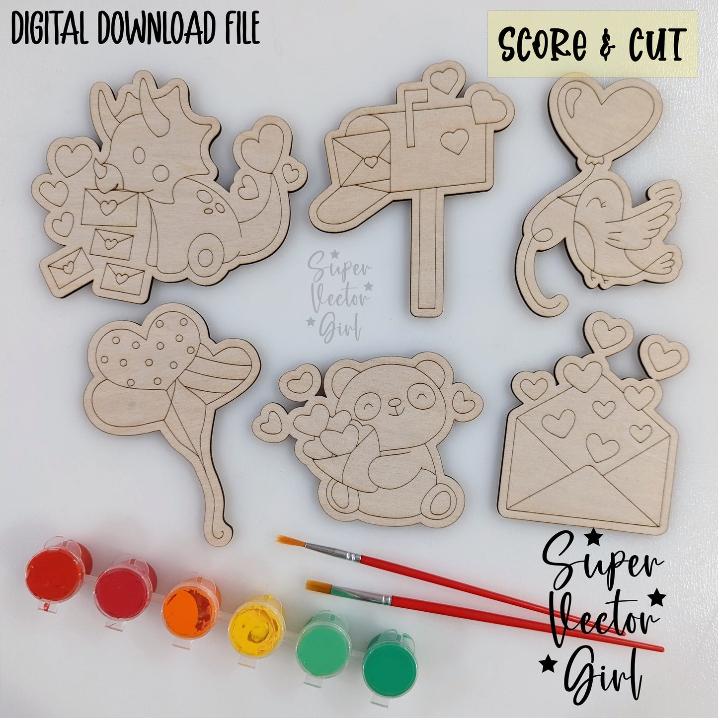 Valentine's Day DIY Paint Kit Set 1, Valentine SVG, Digital Laser Cut File, xTool Glowforge files, Score & Cut, Cute dinosaur panda bird