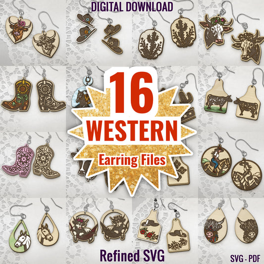 Copy of Western Earring SVG Bundle 1, 16 Western Earring Files, Cowboy Boots SVG, Horse File, Hat File, Texas Cactus, Cow File, Calf File