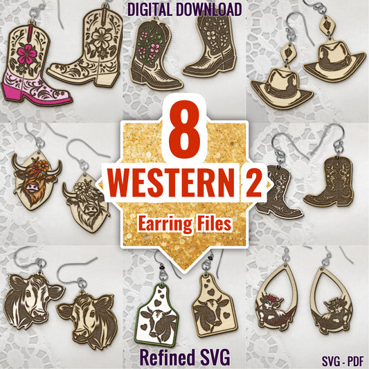 Western Earring SVG Bundle 2, 8 Western Earring Files, Cowboy Boots SVG, Horse File, Hat File, Texas Cactus, Cow File, Calf File
