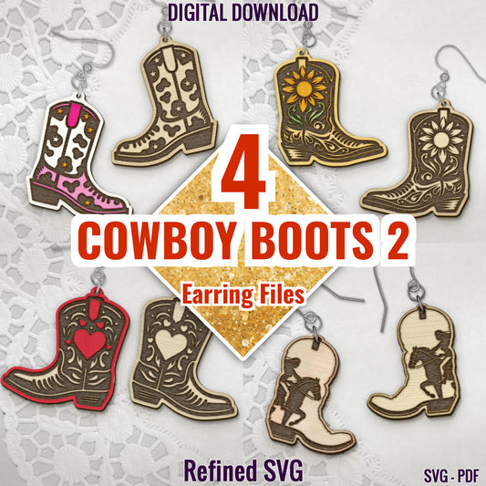 Cowboy Boots Earrings SVG Bundle 2, 4 Pairs of Cowboy Boots Earring Files, Western Laser Earrings, Line Dancing Earring SVG Bundle