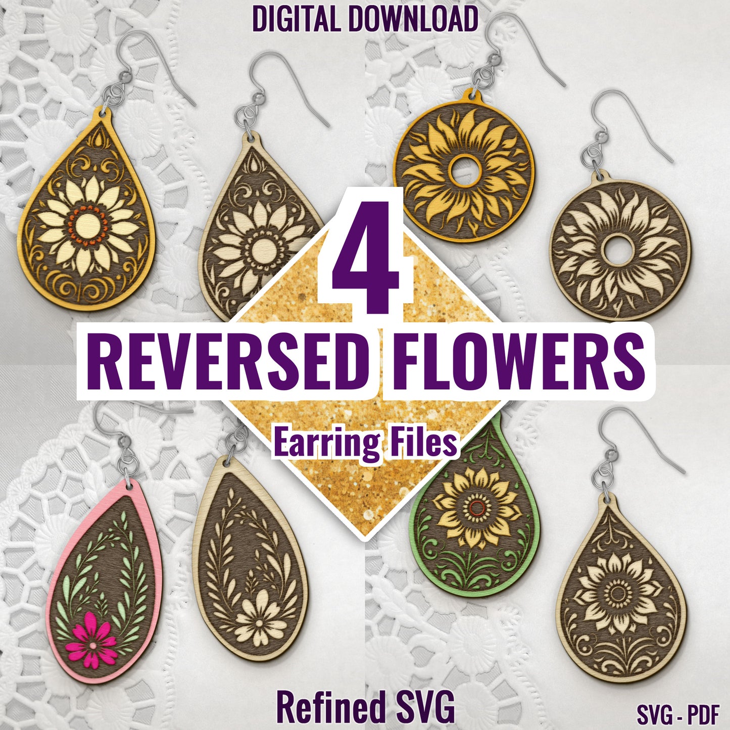 Reversed Flowers Earring SVG Bundle, 4 Flowers Earring Files, Reversed Flowers Earring SVG Set, Sunflower Earring Cut Files