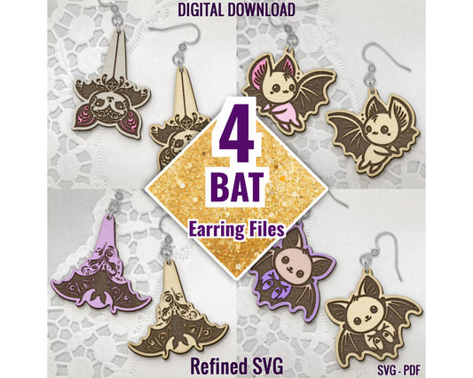 Bat Earring SVG Bundle, Bat Earring SVG, 4 Bat Earring Files, Halloween Earring SVG Set, Halloween Earring File, Halloween Earring File