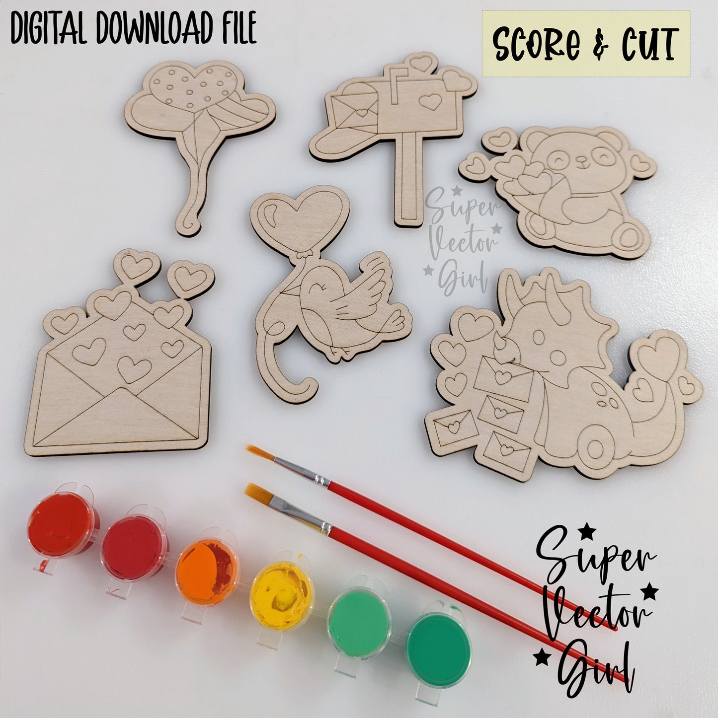 Valentine's Day DIY Paint Kit Set 1, Valentine SVG, Digital Laser Cut File, xTool Glowforge files, Score & Cut, Cute dinosaur panda bird