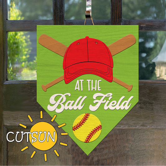 Baseball Home Plate Door Hanger SVG - At the Ball Field Design with Cap, Bats, and Ball | Softball door hanger | Laser cut file