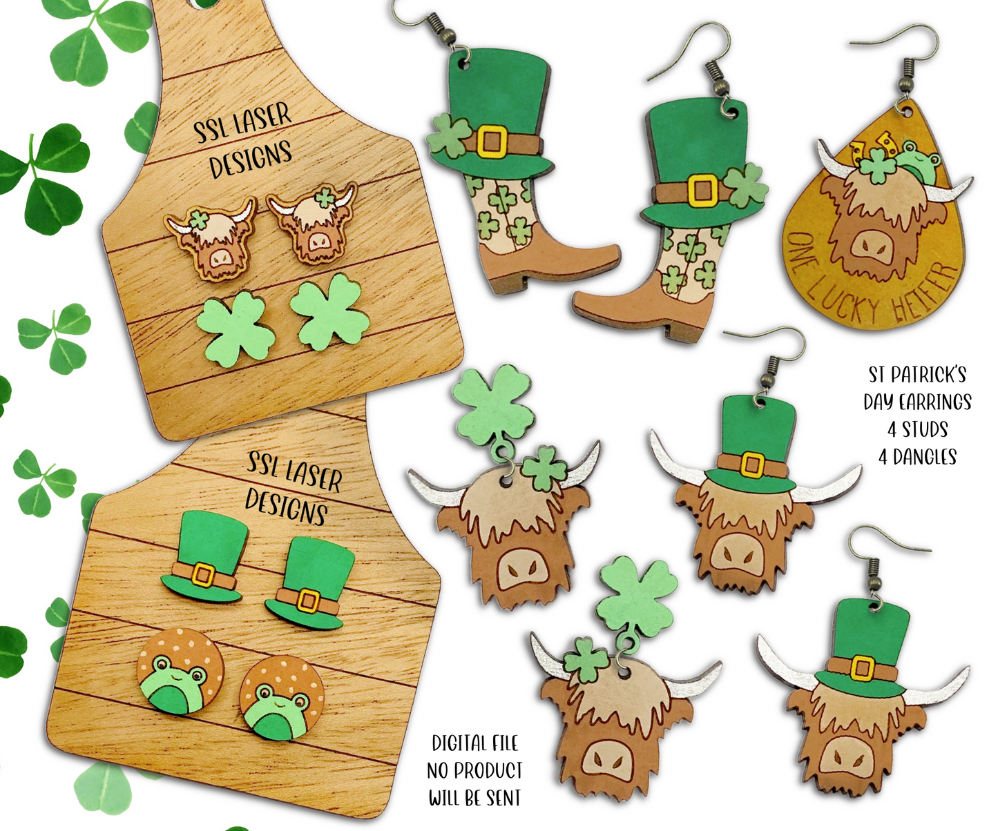 St. Patrick Highland Cow Earrings SVG Cut File, St. Patrick Jewelry Sg Cut File, Farm St Patrick Earrings File, Cow Earrings SVG file