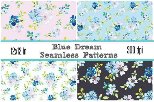 Seamless Pattern Tiles Blue Watercolor Floral 12x12 Tileable