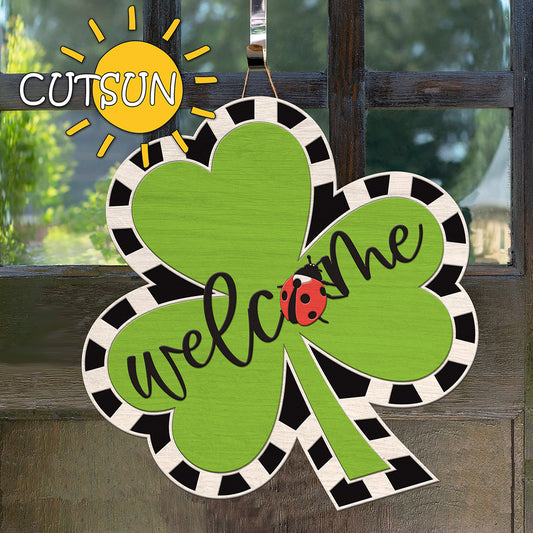 Clover and ladybug door hanger SVG Clover welcome sign SVG St Patrick's day decor Glowforge SVG Laser cut file Cricut svg Silhouette svg