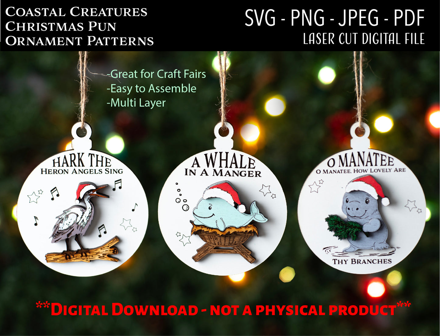 Laser Cut Digital File, Coastal Creatures Christmas Ornaments SVG, PNG, Glowforge, Manatee, Heron, A Whale in a Manger, Secret Santa, Funny