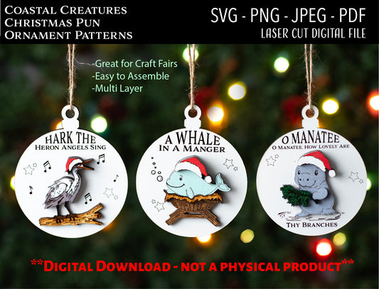 Laser Cut Digital File, Coastal Creatures Christmas Ornaments SVG, PNG, Glowforge, Manatee, Heron, A Whale in a Manger, Secret Santa, Funny