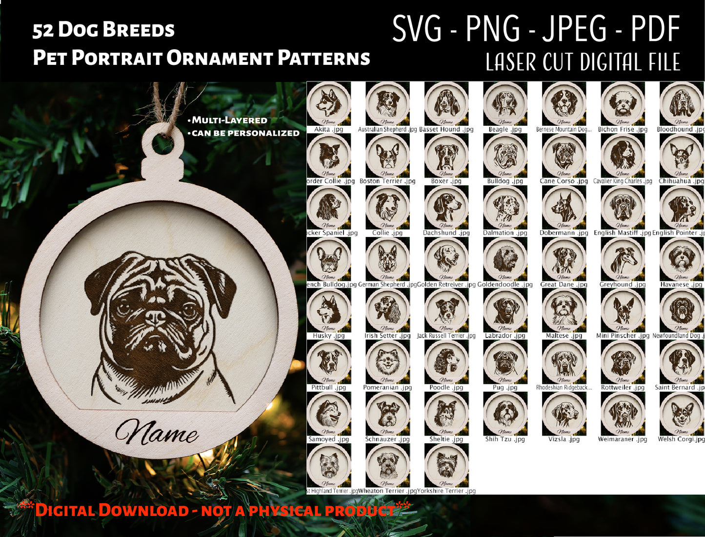 Engraved Pet Portrait, 52 Most Popular Dog Breeds