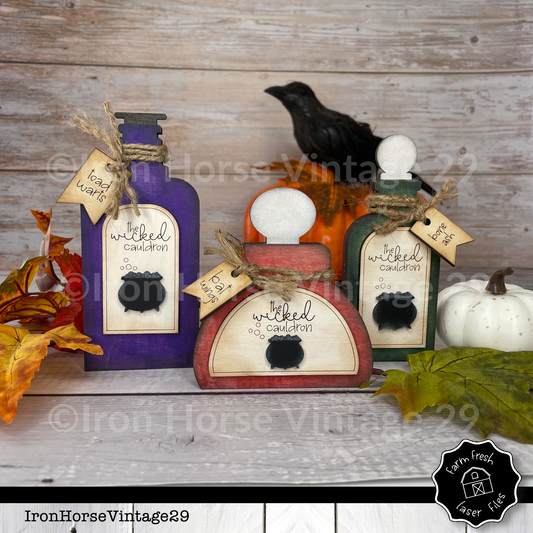 Halloween Potion Bottle Bundle, Witch Poison Bottles, Farmhouse Style Halloween Home Decor, Shelf Sitters, Laser Ready SVG