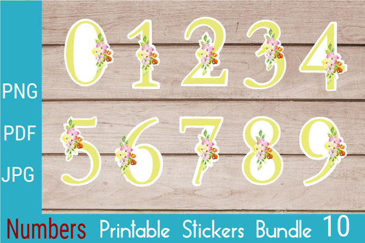 Number Stickers Yellow Floral 0 - 9 Printable