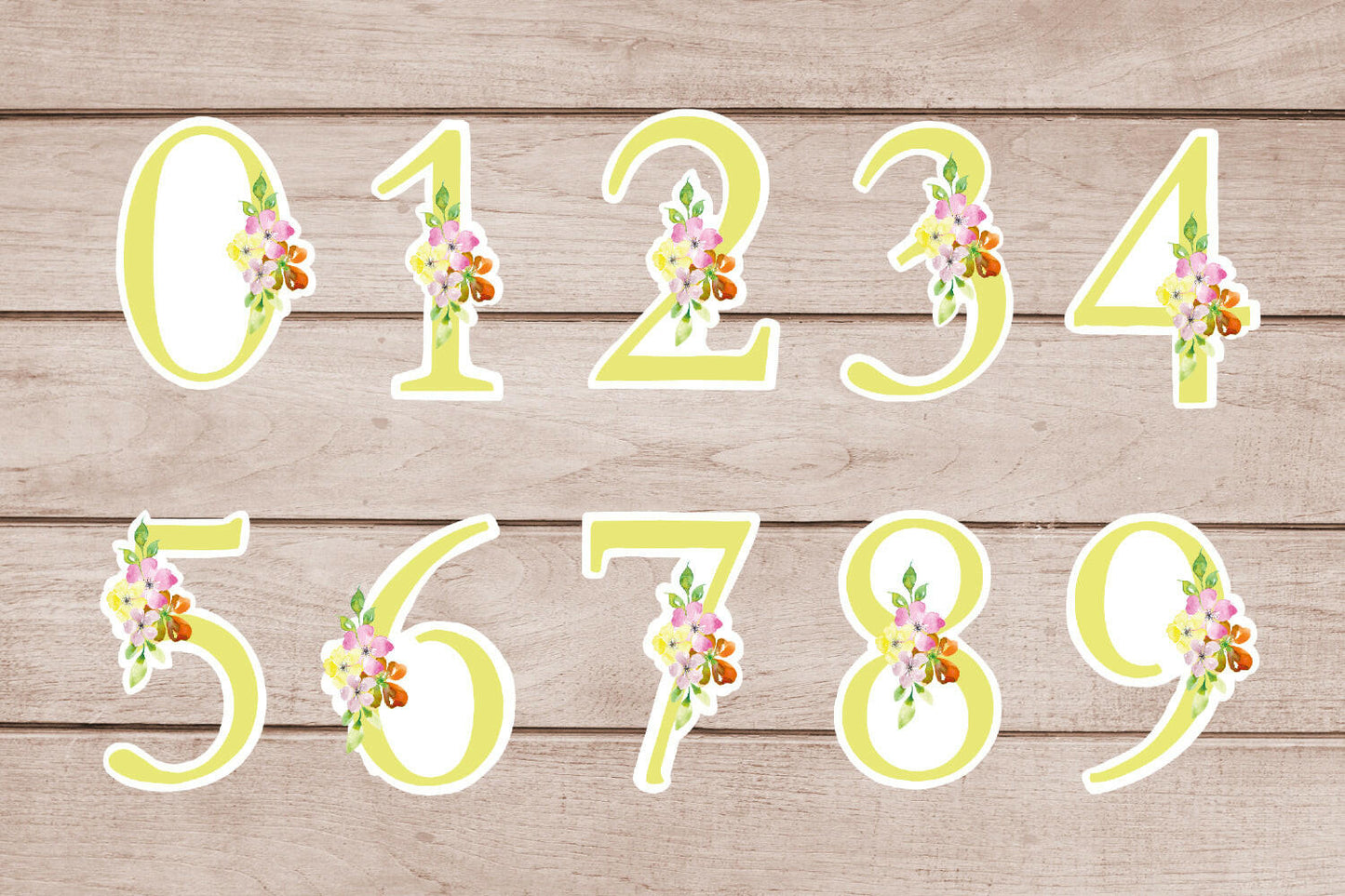 Number Stickers Yellow Floral 0 - 9 Printable