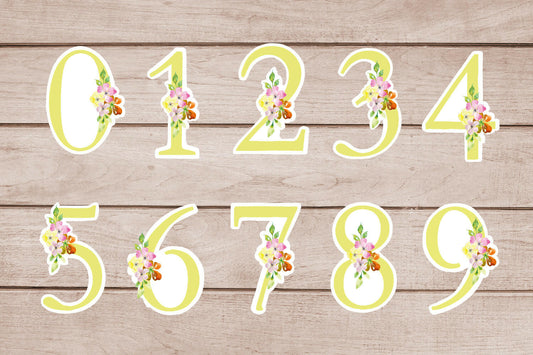 Number Stickers Yellow Floral 0 - 9 Printable