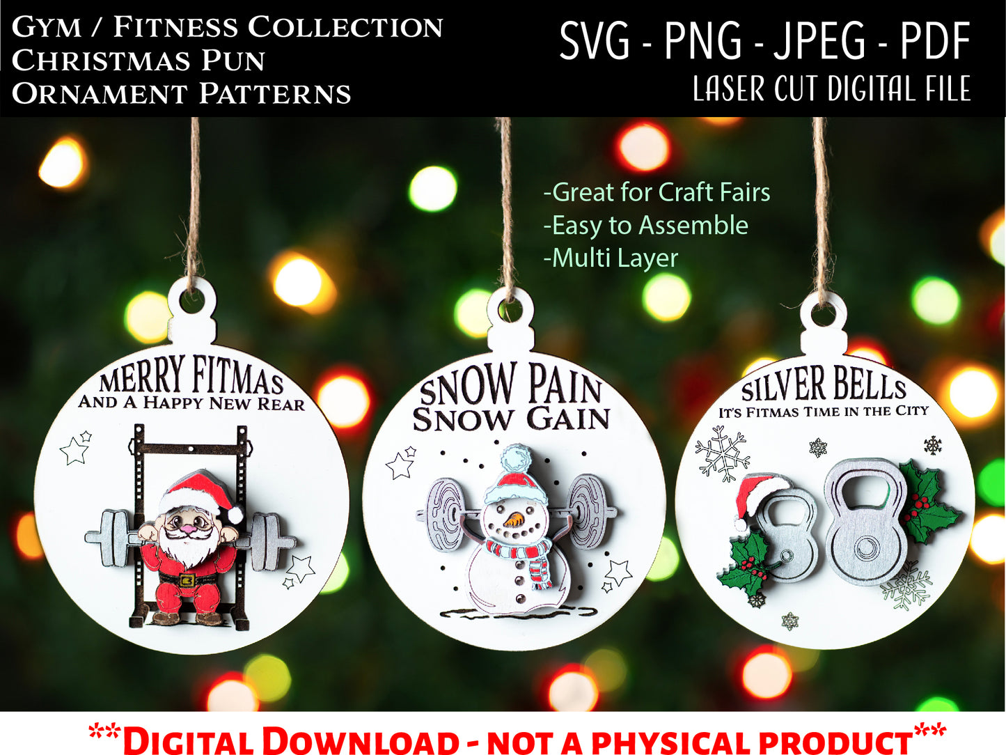 Laser Cut Digital File, Funny Gym Christmas Ornaments SVG, PNG, Glowforge, Fitness, Gifts for Gym Rats, Weight Training SVG, Fitmas, Fitness