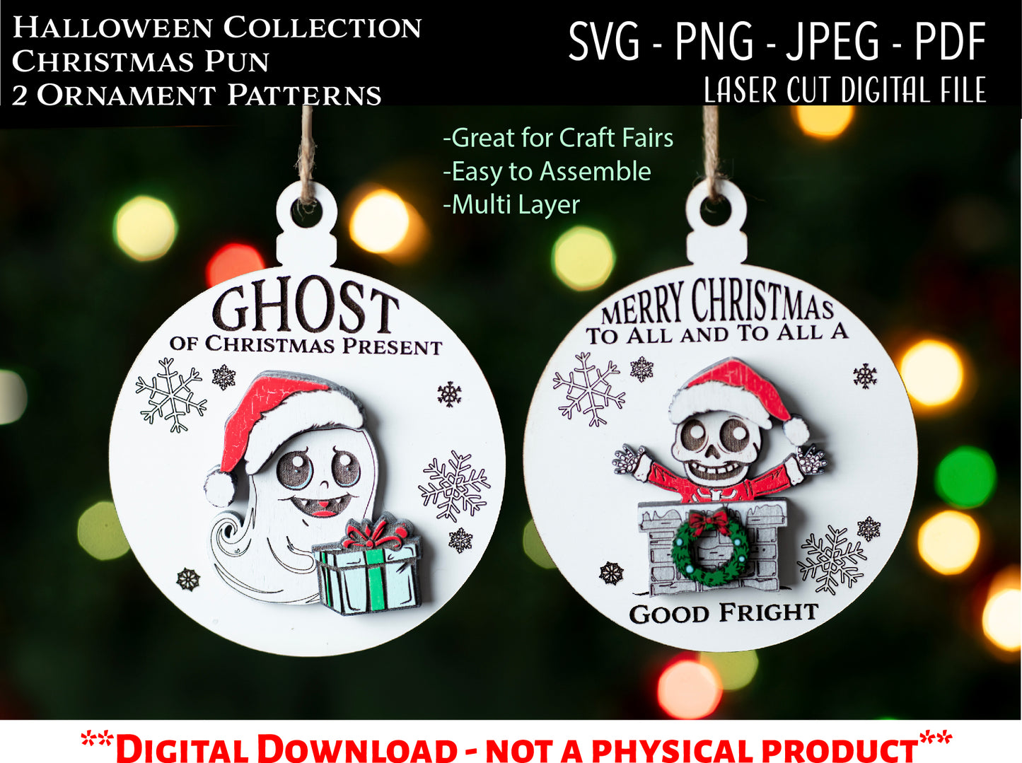 Laser Cut Digital File / Halloween Themed Christmas Ornament SVG, PNG / Glowforge / Pun / Skeleton Santa / Christmas Ghost / Funny