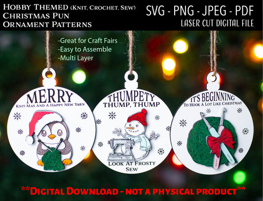 Laser Cut Digital File, Hobby Christmas Ornaments SVG, PNG, Glowforge, Knitting, Sewing, Crochet, Merry Knitmas, Gifts for Crafters, Crafts