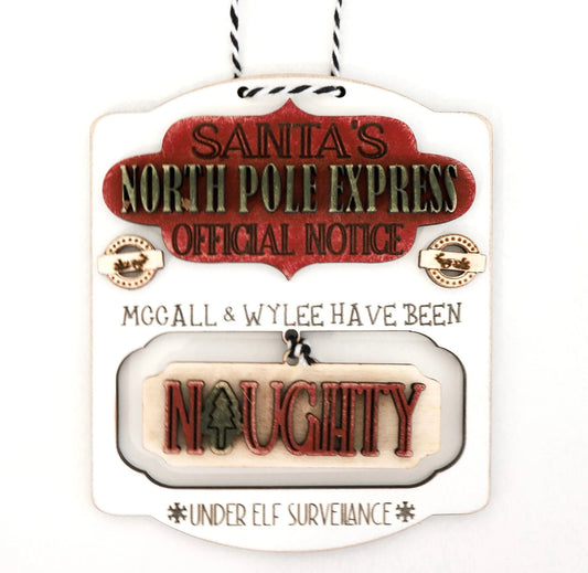 Interchangeable Santa's Nice or Naughty List Sign / Ornament with Freestanding Vintage Column Stand Laser Cut File | Cute Custom Christmas