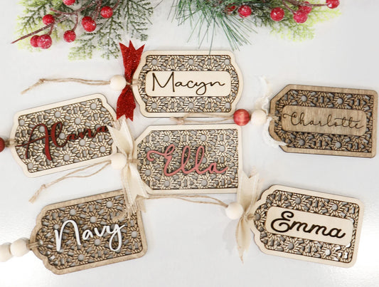 Cute Stocking Name Tags Laser Cut File | Cane Rattan, Basket Weave, and Rope Weave Stocking Name Tags | Custom Name Ornament | Glowforge